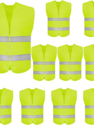 10 Pack High Visibility Safety Vest for Traffic Work, Running, Surveyor and Security Guard - Construction Vest with 2 Reflective Strips, Made from Breathable and Neon Yellow Mesh Fabric