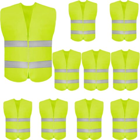 10 Pack High Visibility Safety Vest for Traffic Work, Running, Surveyor and Security Guard - Construction Vest with 2 Reflective Strips, Made from Breathable and Neon Yellow Mesh Fabric