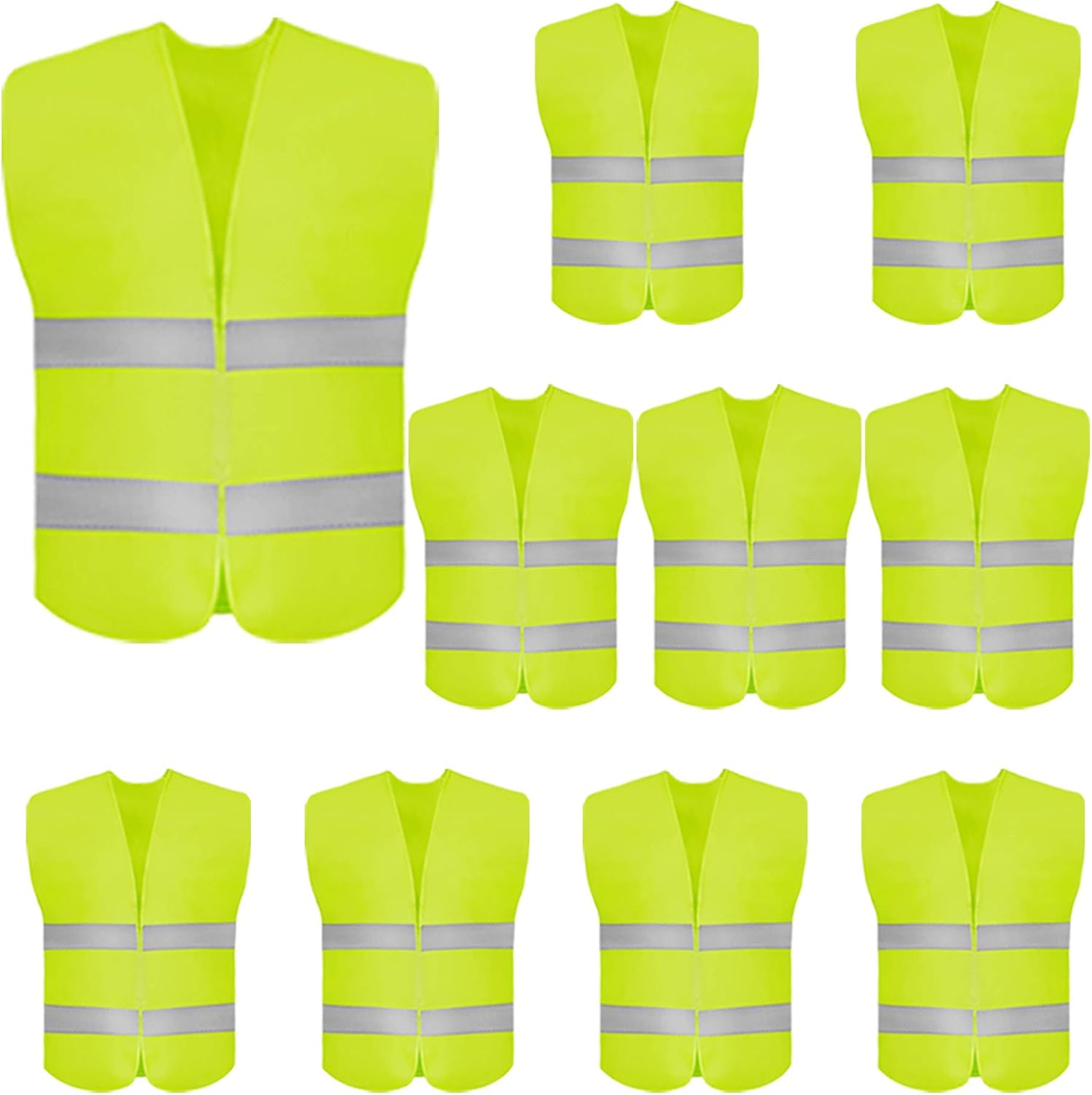 10 Pack High Visibility Safety Vest for Traffic Work, Running, Surveyor and Security Guard - Construction Vest with 2 Reflective Strips, Made from Breathable and Neon Yellow Mesh Fabric