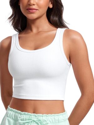 Women Ribbed Longline Sports Bra - U Neck Padded Yoga Cami Workout Crop Tank Top Built in Pads