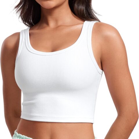 Women Ribbed Longline Sports Bra - U Neck Padded Yoga Cami Workout Crop Tank Top Built in Pads