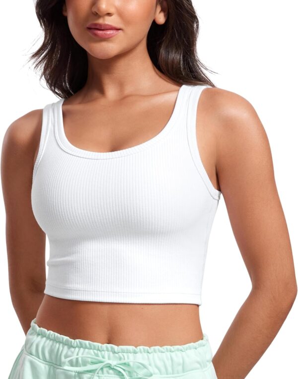 Women Ribbed Longline Sports Bra - U Neck Padded Yoga Cami Workout Crop Tank Top Built in Pads